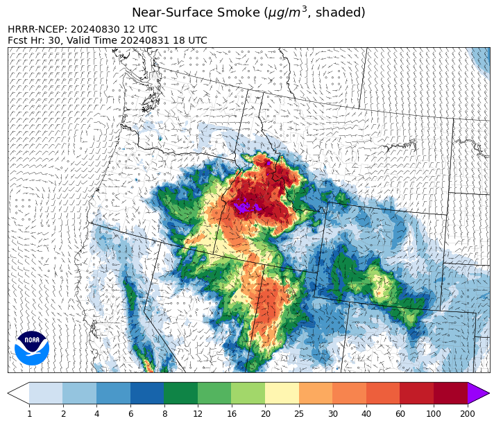 By midday Saturday, the HRRR smoke model shows heavy smoke moving into Southwest Montana, including the Bitterroot Valley.